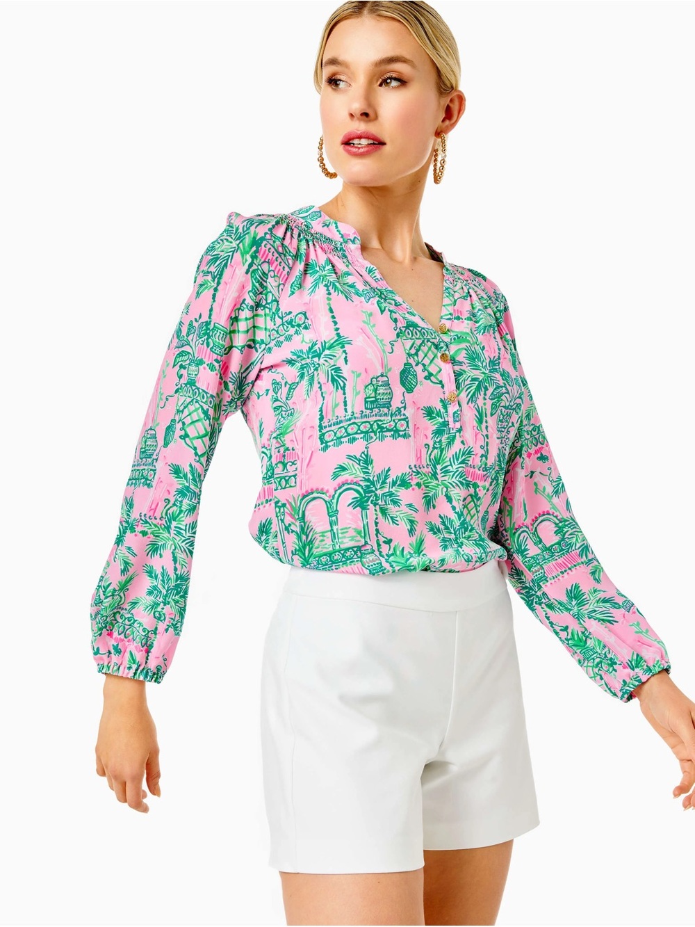 Lilly Pulitzer Coastal Pink and Green Tropical V-Neck Long Sleeve Top